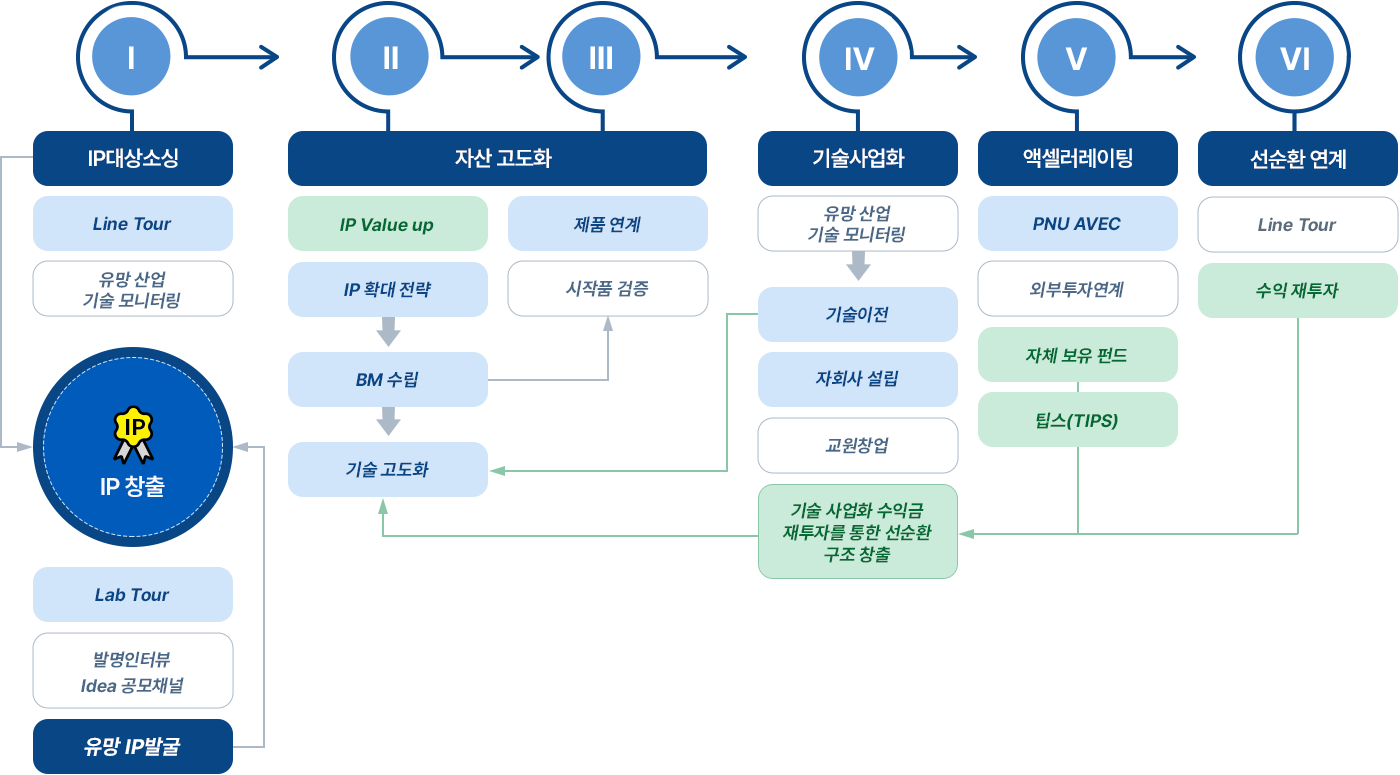 Ⅰ IP대상소싱 : Line Tour, 유망산업 기술 모니터링, IP 창출, Lab Tour, 발명인터뷰 idea 공모채널, 유망 IP발굴 / Ⅱ Ⅲ 자산고도화 : IP Value Up, IP 확대 전략, BM 수립, 기술 고도화, 제품 연계, 시작품 검증 / Ⅳ 기술사업화 : 유망 산업 기술 모니터링, 기술이전, 자회사 설립, 교원창업, 기술 사업화 수익금 재투자를 통한 선순환 구조 창출 / Ⅴ 액셀러레이팅 : PNU AVEC, 외부투자연계, 자체 보유 펀드, 팁스(TIPS) / Ⅵ 선순환 연계 : Line Tour, 수익 재투자